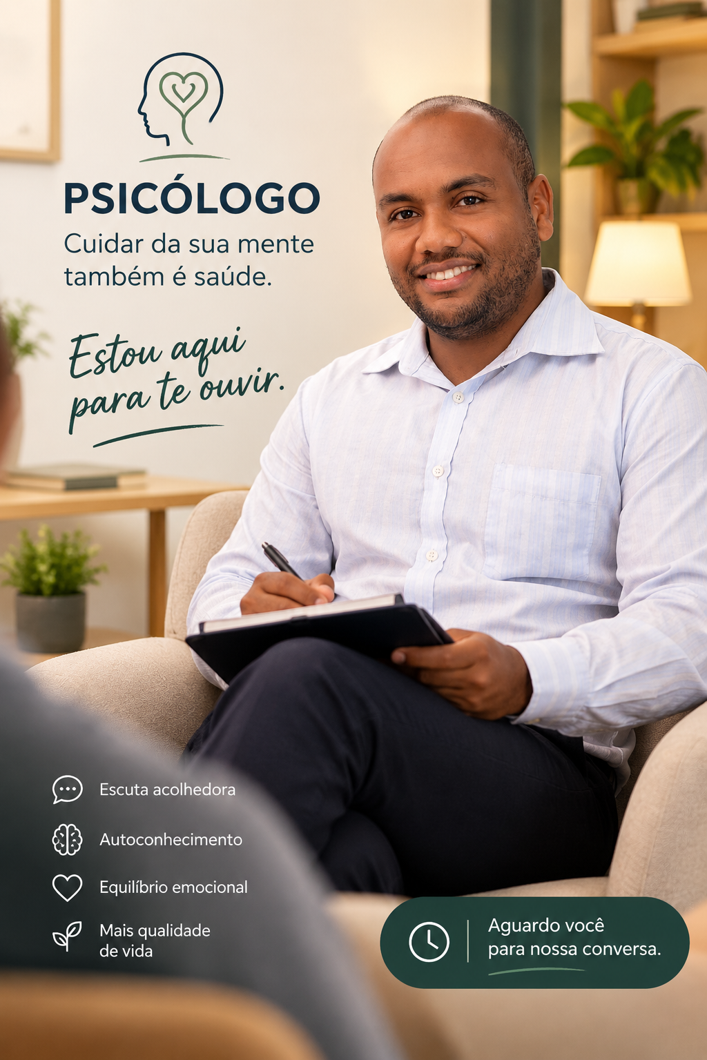 Flyer de Robert de Jesus Silva em atendimento, com as mensagens Cuidar da sua mente também é saúde e Estou aqui para te ouvir